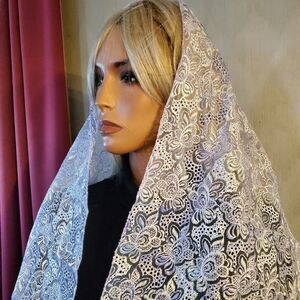 Embroidered White on Lavender Organza Mantilla Chapel Veil Scarf Wrap